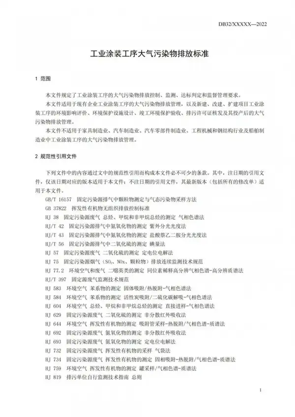 工业涂装工序大气污染物排放标准