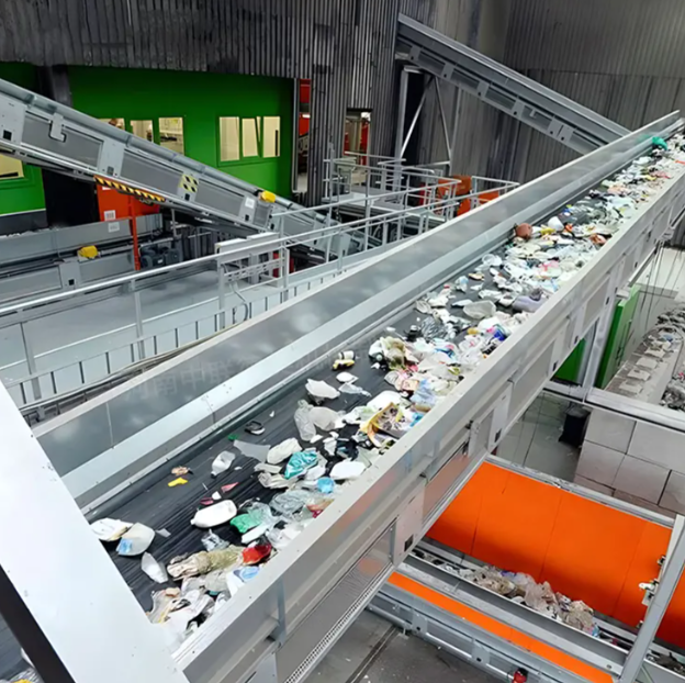 自动化固体废物分选设备生产线,展示磁选机、筛分机和光学分选机协同工作