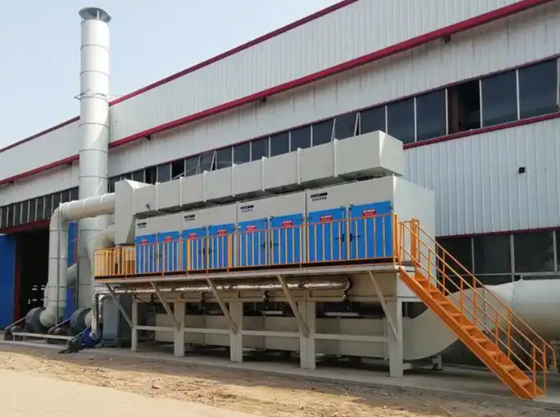 印刷车间顶部VOCs收集管道连接至RCO催化燃烧设备的外部全景图